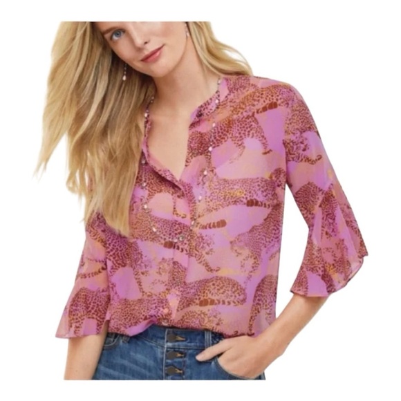 Cabi Womens Button Up Blouse Pink Gold Leopard Print 3/4 Sleeve Flutter Flowy S - Picture 1 of 13